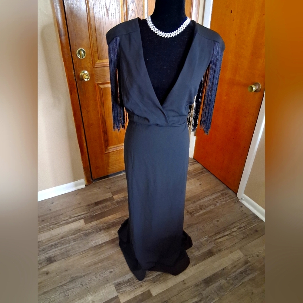Elegant Black Evening Gown with Fringe Details